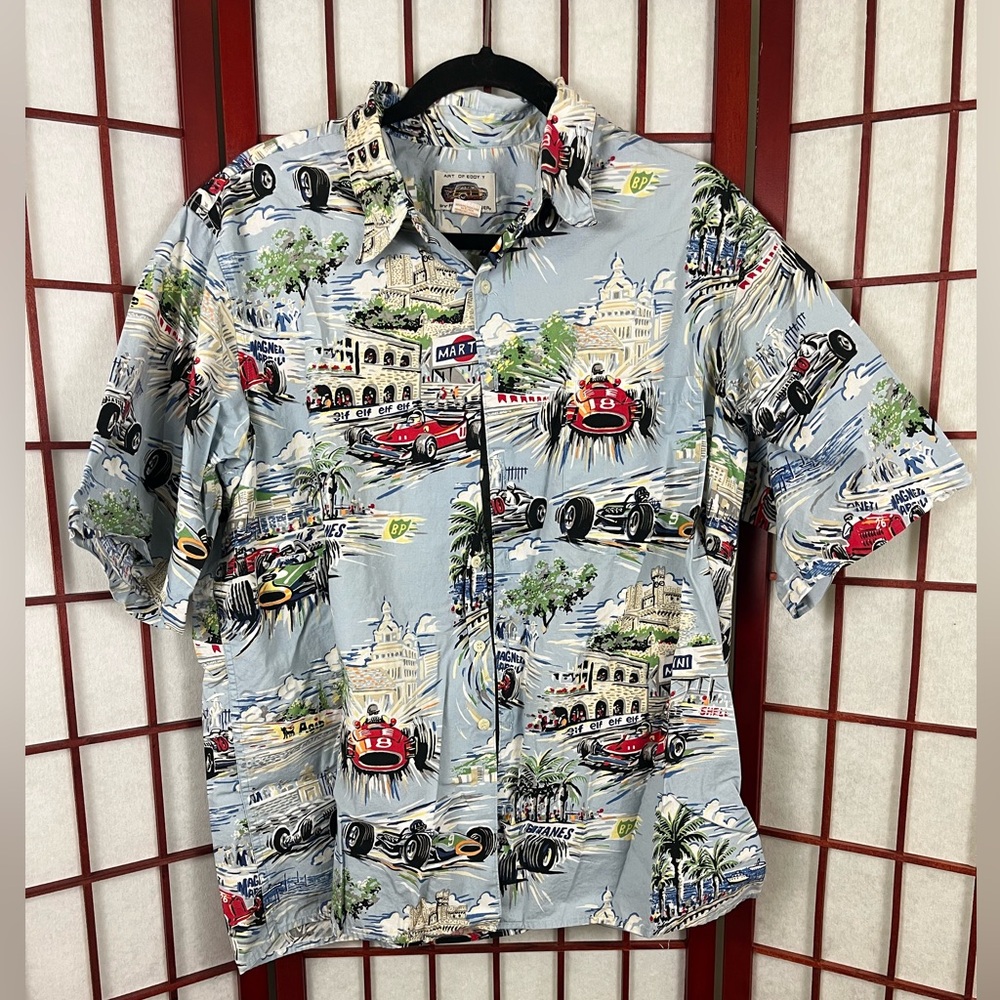Vintage Art of Eddy Graphic Car Racing Button Down Cotton Shirt